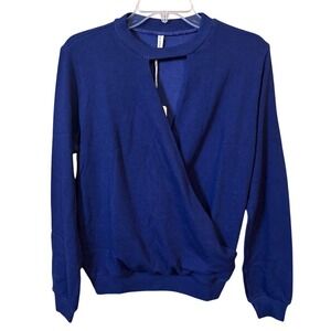 Revolve Lanston Navy Long Sleeve Faux‎ Wrap Cotton Blend Sweater Size Small NWT